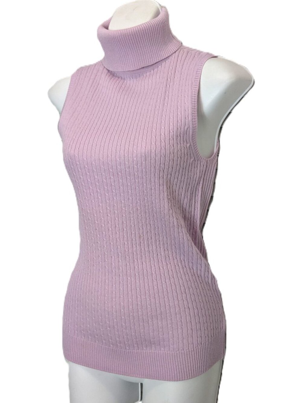 ST. JOHN Sleeveless Turtleneck Sweater Pastel Lavender Cable Knit Wool Sz Small